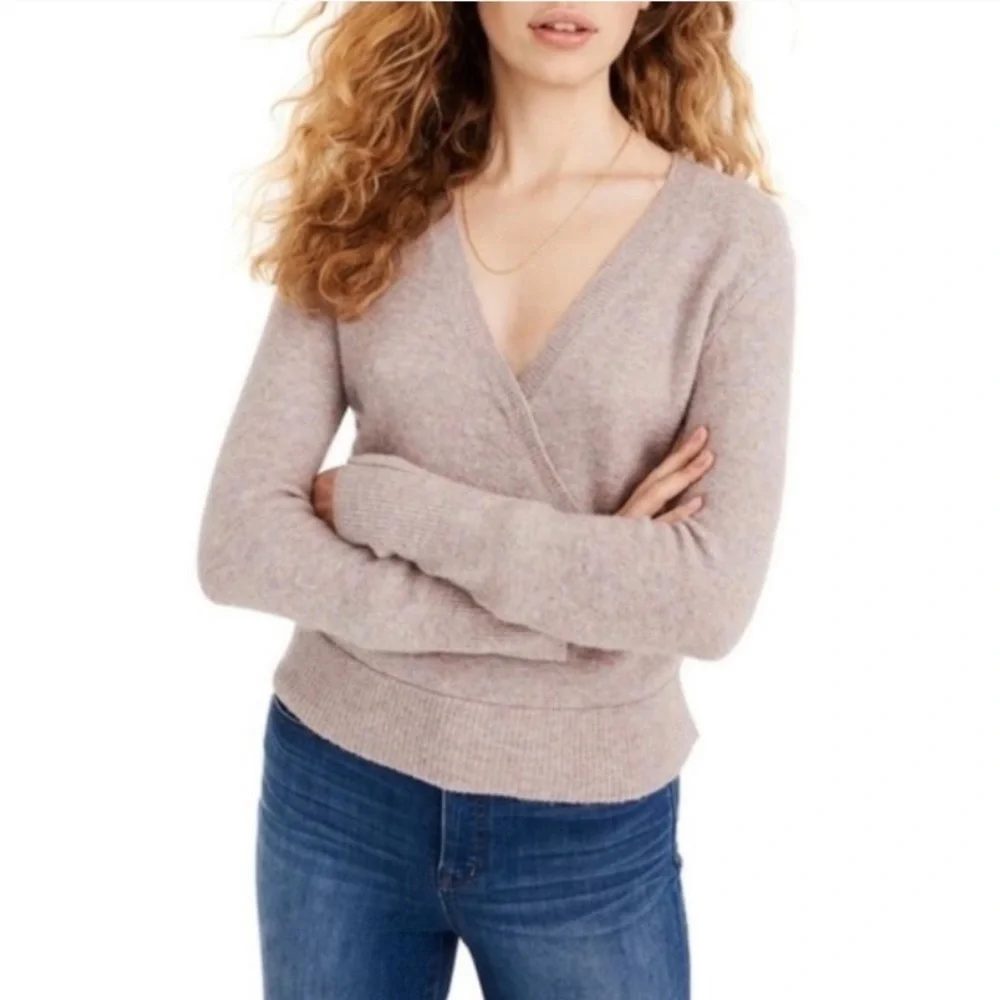 Madewell Faux Wrap Coziest Yarn Pullover Heather Boysenberry V Neckline Sweater